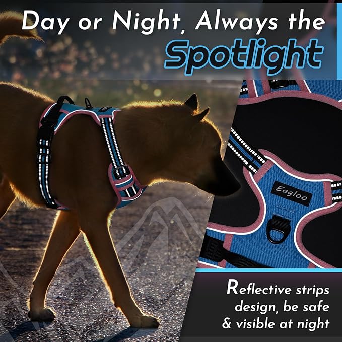 Eagloo Dog Harness for Large Dogs, No Pull Service Vest with Reflective Strips and Control Handle, Adjustable and Comfortable for Walking, No Choke Harness with 2 Metal Rings, Pink & Blue, M