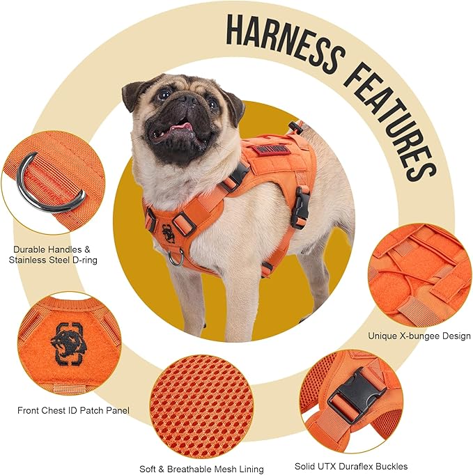 OneTigris Tactical Dog Harness Vest,No-Pull Service Dog Vest with Hook & Loop Panels,Adjustable Dog Vest Harness for Walking Hiking Training(Orange,XX-Small)