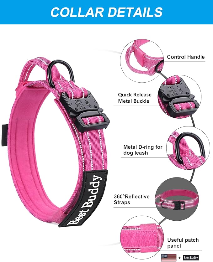 AUBELL Tactical Dog Collar and Leash Set, Reflective Adjustable Heavy Duty Military K9 Collars with Handle and Metal Buckle for Extra Large Dogs, with Airtag Case and 2 Patches(Pink,XL)