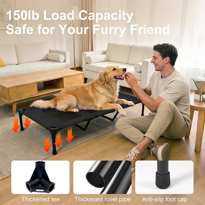 Dog Cooling Bed, Raised Pet Cot for Medium and Large Dogs, Cooling Breathable Mesh, Durable Sturdy Frame, Washable Cover, Portable and Easy to Assemble Indoor/Outdoor Pet Bed, Black, L