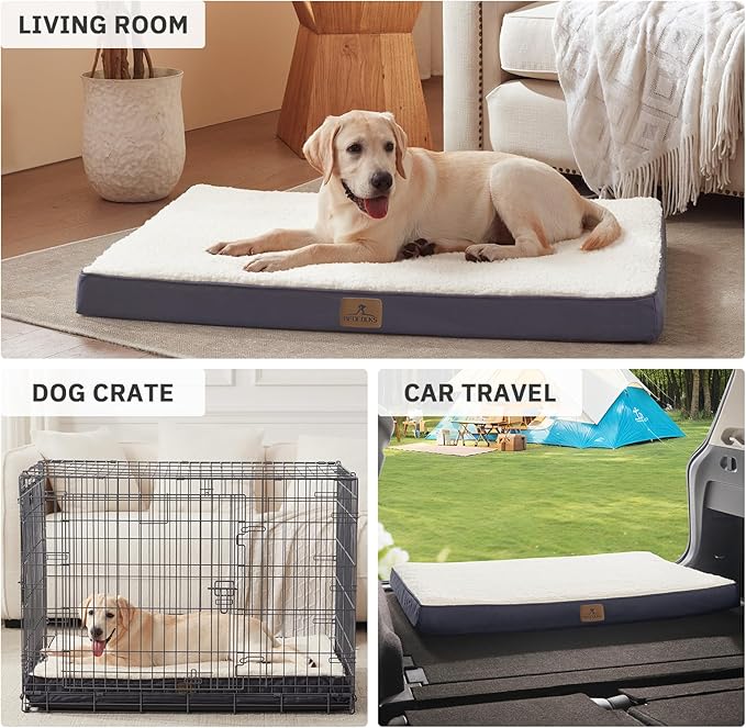 Bedfolks Orthopedic Dog Bed for Extra Large Dogs - Egg Foam Dog Crate Bed with Removable Waterproof Cover, Pet Bed Mat Suitable for Dogs and Pets Up to 100 lbs (44 x 32 x 3.5 inches, Grey)