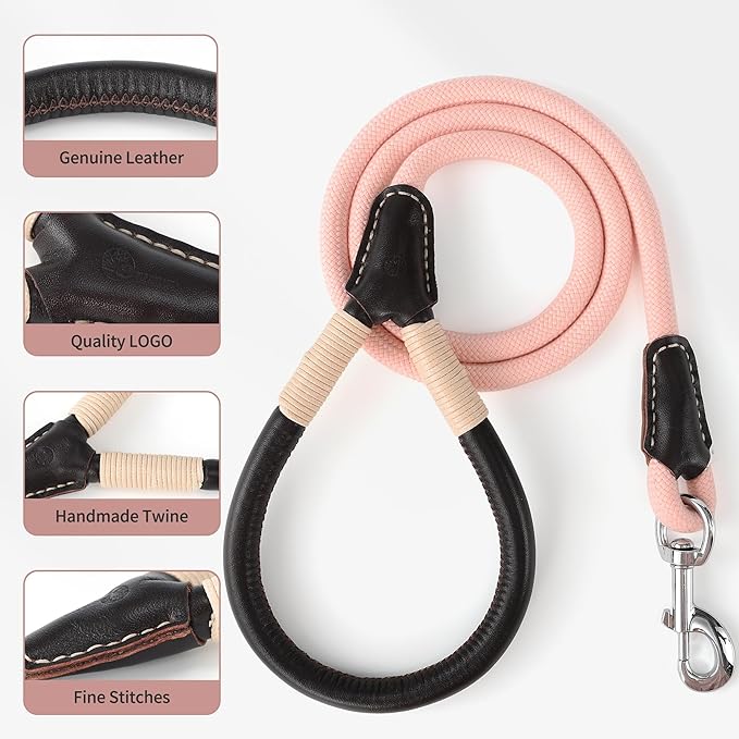 Mile High Life Genuine Leather Wrapped Handle Dog Leash, w Heavy Duty Clasp Rope Leash for Small Medium Large Dogs (Pink, 4FT)