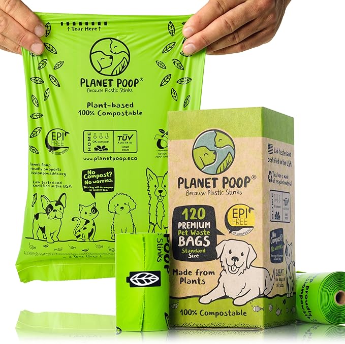 PLANET POOP Home Compostable Dog Poop Bags on Refill Rolls, 120 Un-Scented Pet Waste Bags, Thick Leakproof Plant-Based Doggy Bag, Cat & Dogs Supplies