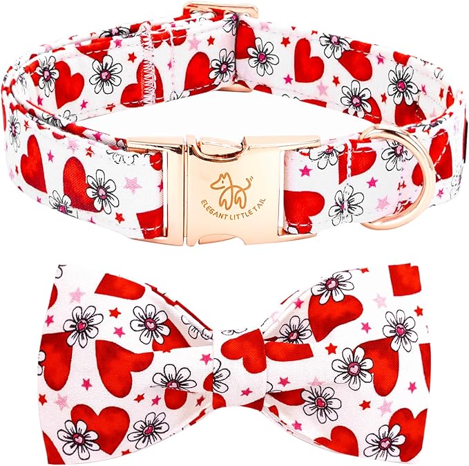 Elegant little tail Valentine's Dog Collar, Cute Pink Heart Pet Collars Soft Dog Puppy Collar Female or Male Adjustable Cotton Pet Collars with Bow for Small Medium Large Dogs