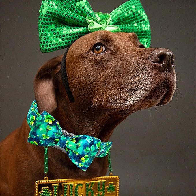 Elegant little tail St Patrick's Dog Collar, Green Cute Colver Cotton Shamrock Pet Collar Trefoil Puppy Collar Bow Holiday Adjustable Cotton Pet Collar for Small Medium Large Dogs