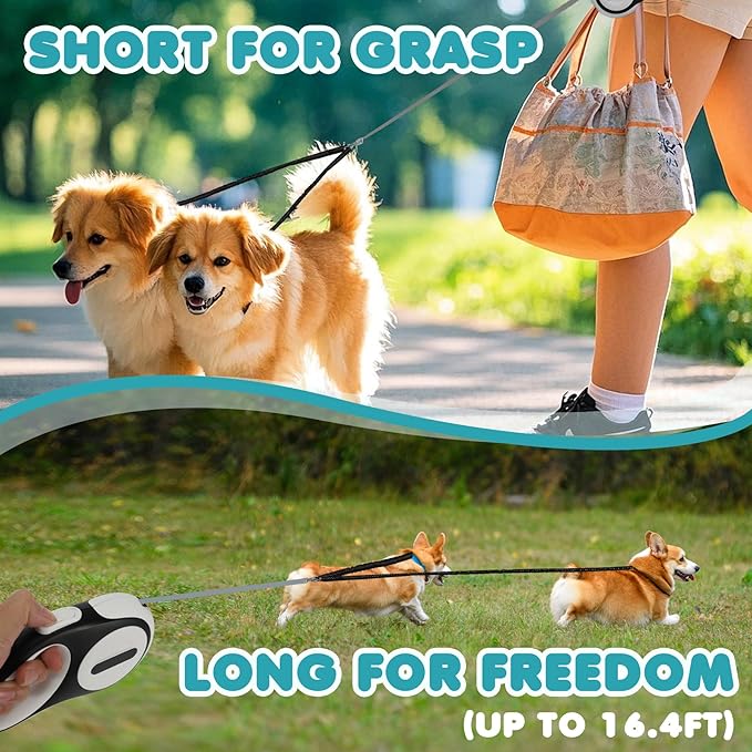 Double Retractable Dog Leash for 2 Large Dogs (Up to 143 Lbs Each), 2 Headed Pet Leash with Poop Bags and Rechargeable LED Light - Tangle-Free Swivel - One Button Break & Lock (Green, Large)