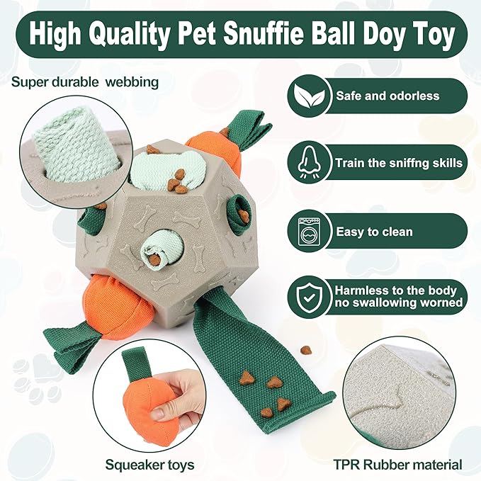Dog Snuffle Ball - Upgrade Ball Interactive Puzzle Dog Toys, Foraging Truffle Pads Puppy Snack Dispenser Slow Feeder Suitable for Any Size Pet with Squeaky Carrot Toys (Apricot)