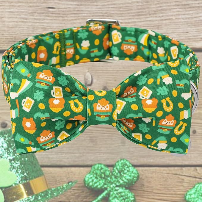 DOGWONG St Patrick Dog Bow Tie with Collar, Irish Holiday Shamrock Lucky Dog Collar for Boys and Girls Large Medium Pets Puppies