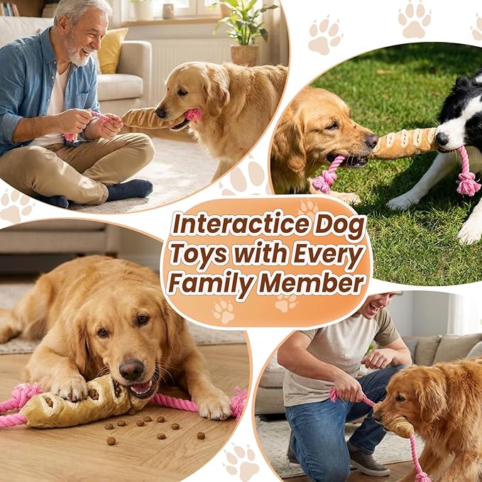 Tough Dog Toys for Aggressive Chewers Large Breed, Interactive Crinkle Plush Puzzle Feeder, Indestructible Heavy Duty Tug of War Stuffed Animal with Rope, Puppy Enrichment Chew Toy