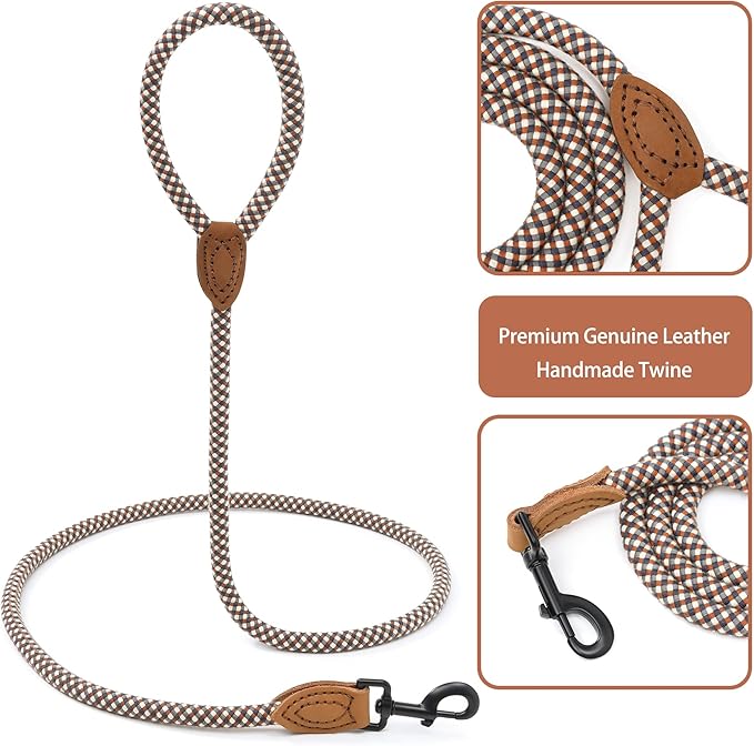 Mile High Life Rope Leash with Genuine Leather Connection, 6 FT/5 FT/4 FT, Heavy Duty Leash for Medium & Large Dogs (Brown, 72 Inch)