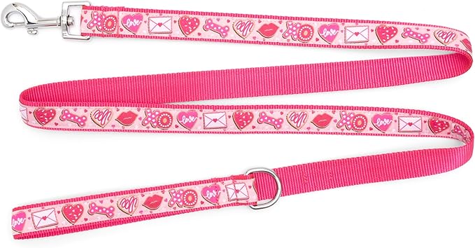 THE WORTHY DOG Stylish Love & Kisses Patterned Leash for Dogs, Solid Nickel Plated - Pink, Large
