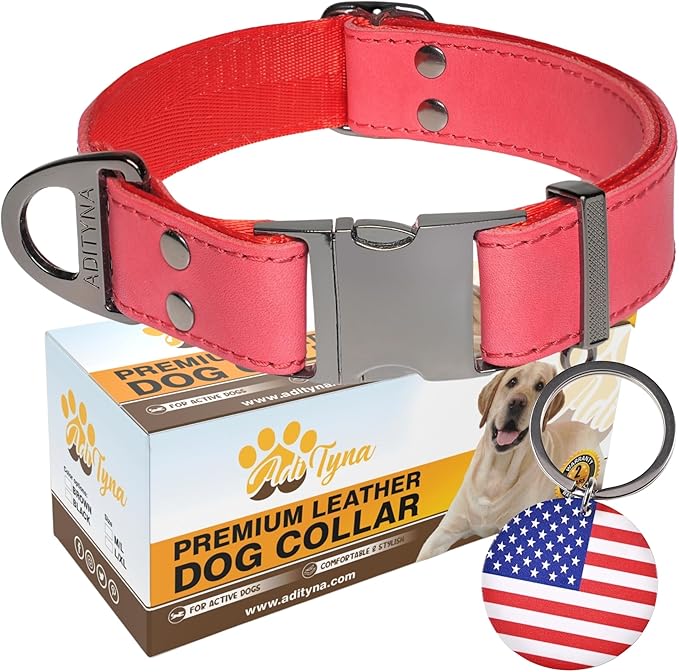 ADITYNA - Leather Dog Collar with Metal Buckle for Large, and Extra Large Dogs - Heavy-Duty, Adjustable, and Leather Tactical Dog Collar (Red, Fits 19-30" Necks)