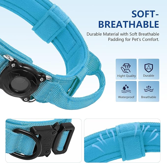 Tactical AirTag Dog Collar with Hard PC Holder - 100% Waterproof Military Collar with Handle & Integrated Apple AirTag Case for Medium & Large Dogs (Blue, L)