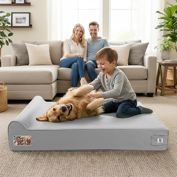 Sytopia 7" Thick Orthopedic Dog Beds for Extra Large Dogs, Canvas Dog Bed with Chew Proof Fabric Cover, Ups to 150 Pounds, 35D Memory Foam Dog Beds with Waterproof Liner & Washable Cover, Light Grey