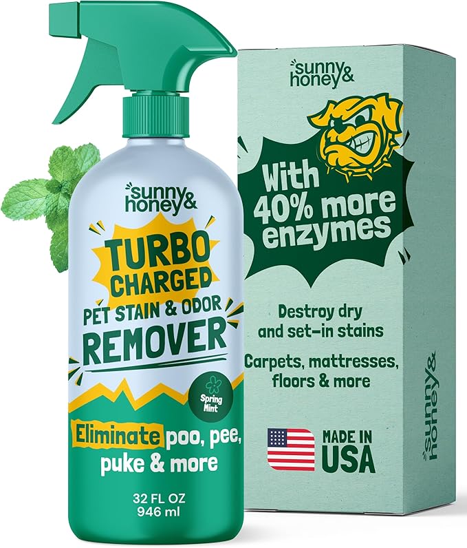 Sunny & Honey Turbo Carpet Cleaner Spray - Carpet Stain Remover with 40% More Enzymes - Pet Urine Enzyme Cleaner & Floor Deodorizer - Pet & Kid Safe Rug Cleaner (32 fl oz, Spring Mint)