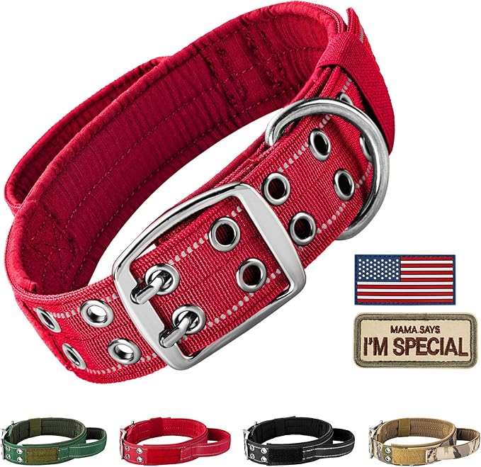 Annchwool Tactical Dog Collar for Medium and Large Dog,Adjustable Military Dog Collar with Soft Padded Handle,Heavy Duty Double Buckle Design(Red,XL)