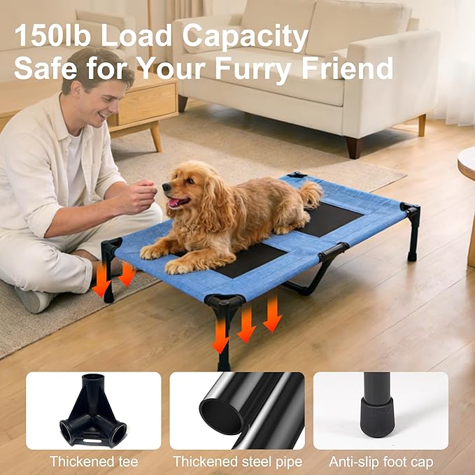 Dog Bed Medium Size Dog, Raised Pet Cot for Medium and Large Dogs, Cooling Breathable Mesh, Durable Sturdy Frame, Washable Cover, Portable and Easy to Assemble Indoor/Outdoor Pet Bed, Blue, M