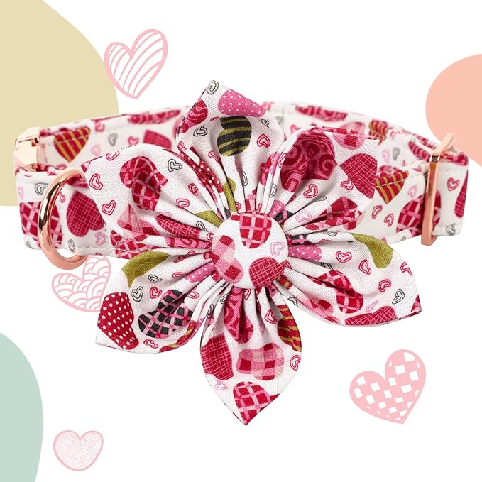 Lionheart Glory Heart Dog Collar, Valentine's Day Dogs Collar with Flower, Cute Floral Pattern Pet Collars Adjustable Dog Collars for Large Dogs