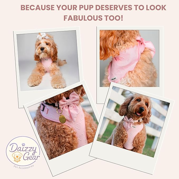 Small Dog Harness Set – Cute No Pull, All Weather, Breathable Harness and Leash Set with Collar, Bandana, Sailor Bow & Poop Bag Holder – Adjustable, Soft & Stylish - Pink Hearts on Jacquard Fabric