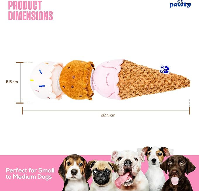 Ice Cream Cone Toy - Plush Interactive Food Shaped Parody Toy with Squeaker - Fetch Cute Chew Toy - Cute Dog Gifts for Favorite Dog Birthday