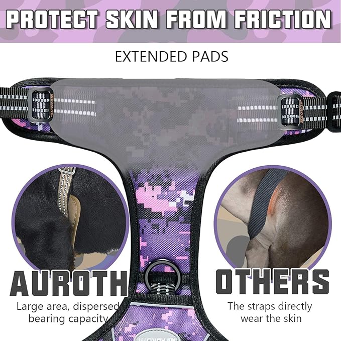 AUROTH Tactical Dog Harness for Large Dogs No Pull Adjustable Pet Harness Reflective K9 Working Training Easy Control Pet Vest Military Service Dog Harnesses Purple Camo XXL