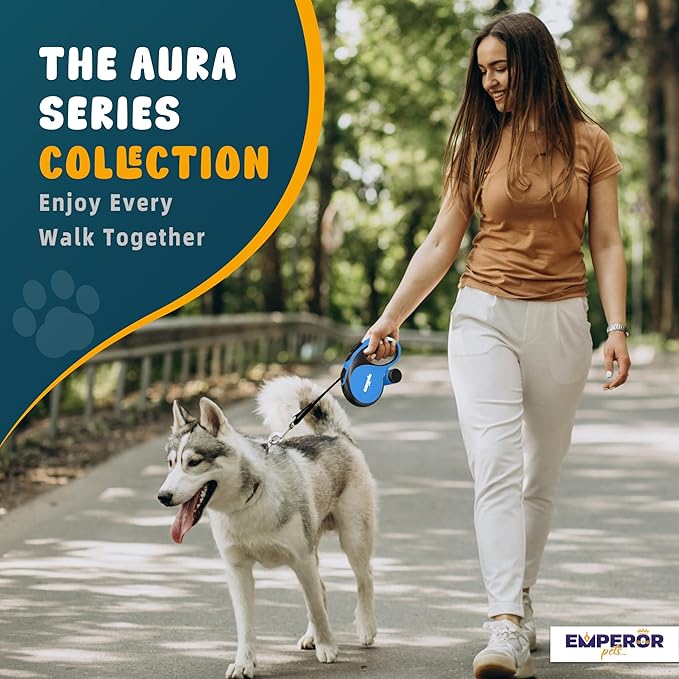 Emperor Pets 26 ft Retractable Dog Leash Blue - Heavy Duty Retractable Pet Leash with Anti-Slip Grip for Medium to Large Dogs up to 110 lbs -Aura BL26