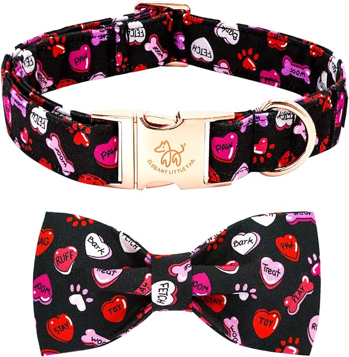 Elegant little tail Valentine's Dog Collar，Cute Heart Dog Collar with Bow for Small Dogs, Female or Male Adjustable Cotton Pet Collar Puppy for Small Medium Large Dogs