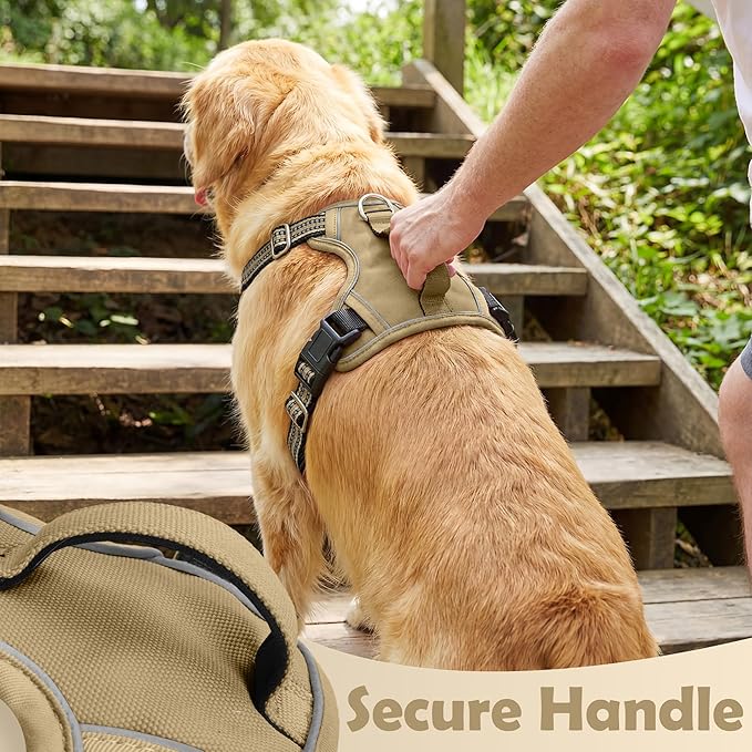 Funfox Dog Harness No Pull, Adjustable Pet Vest Harness, Super Soft Material with Vertical Handle Easy Control, Reflective Night Walking, 2 Leash Clips for XLarge Dogs, Brown, XL