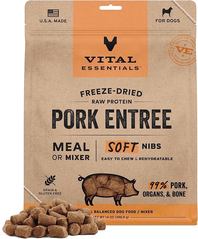 Vital Essentials Freeze Dried Dog Food, Raw Pork Soft Nibs | Complete Meal or Mixer | 99% Pork, Organs & Bone | High Protein, Low Carb, Grain Free, Dry Dog Food | 14 oz