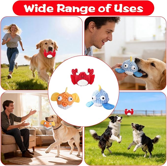 Squeak Dog Toys for Aggressive Chewers, No Stuffing Squeak Dog Chew Toys for Aggressive Chewers, Interactive Dog Toy Ball with Crinkle Paper for Medium Dogs, Large & Small Breeds (E-Crab+Fish)