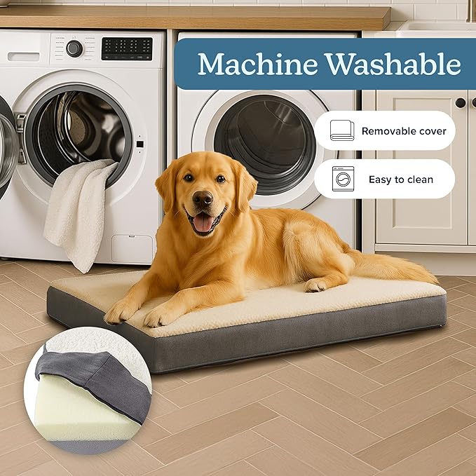 Orthopedic Dog Bed - 2-Layer 36x27-Inch Memory Foam Pet Mattress with Machine-Washable Sherpa Cover for Large Dogs up to 65lbs by PETMAKER (Gray)