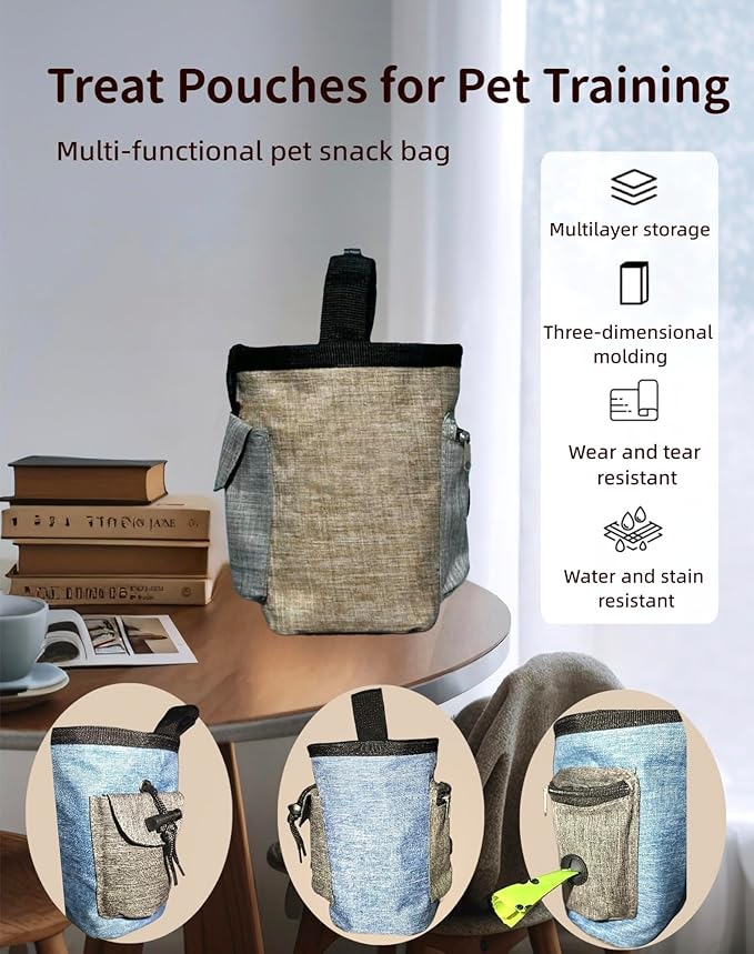 4-in-1 Dog Treat Pouch-3-Way Waterproof Cationic Linen Bag with Side Pockets & Compact Design Holds 3 Cups for Outdoor/Hiking with Poop Bag, Adjustable Belt & Silicone Flying Disc (Pink)
