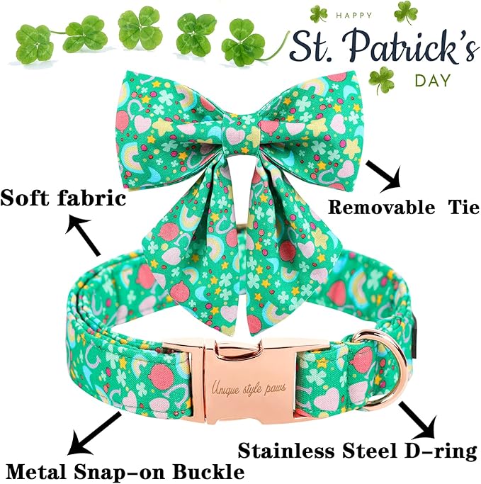 Unique style paws St. Patrick's Day Dog Collar with Tie Rainbow Clover Heart Puppy Collar for Small Medium Large Boys Girls-XL