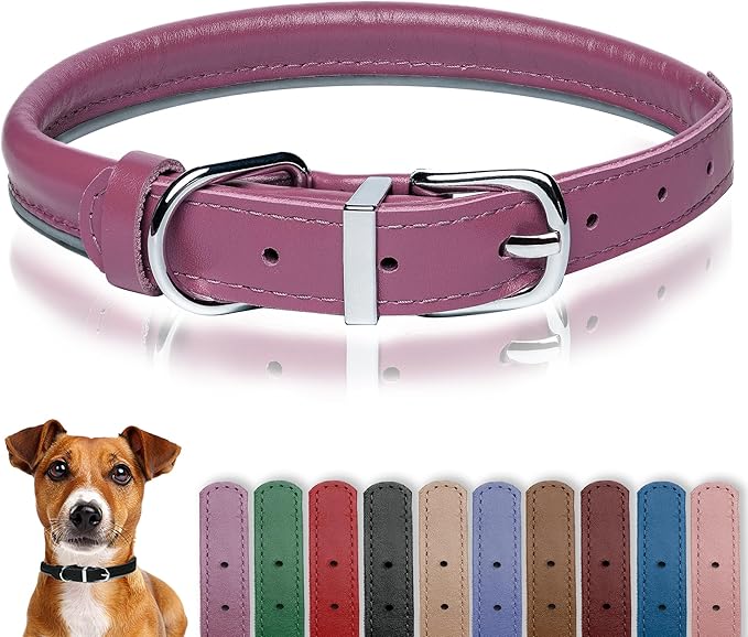 OOPSDOGGY Rolled Leather Dog Collar Reflective Roll Collars for Small Medium Large Dogs Puppy (Fuchsia, XXS, 7''- 9'')