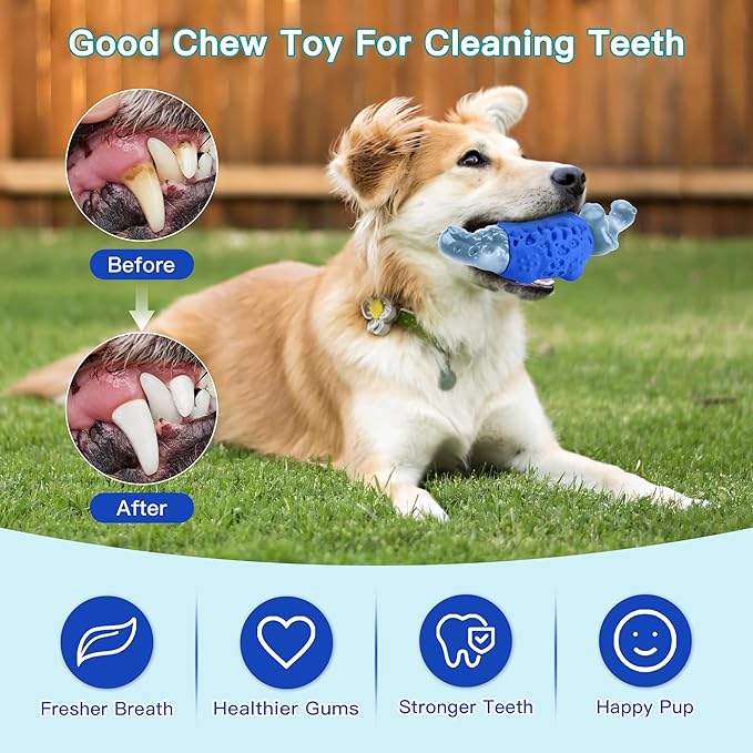 FurtasticiFinds Dog Chew Toys for Aggressive Chewers, Tough Squeaky Dog Toy for Large Medium Dogs, Bacon Flavor Nylon & Natural Rubber, Dental Care Interactive Dog Toys to Reduce Boredom, Royal Blue