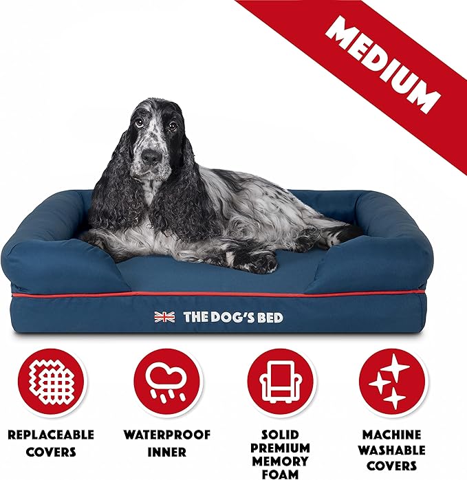 The Dog’s Bed Orthopedic Memory Foam Dog Bed with Bolsters, Oxford Fabric, Blue with Dark Red Trim, Medium
