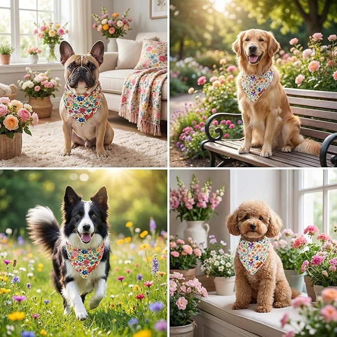 ADOGGYGO Floral Dog Bandanas, Colorful Flower Pet Scarf, Multi Size, Spring Summer Floral Bandanas for Medium Large Dogs Pets (Large)