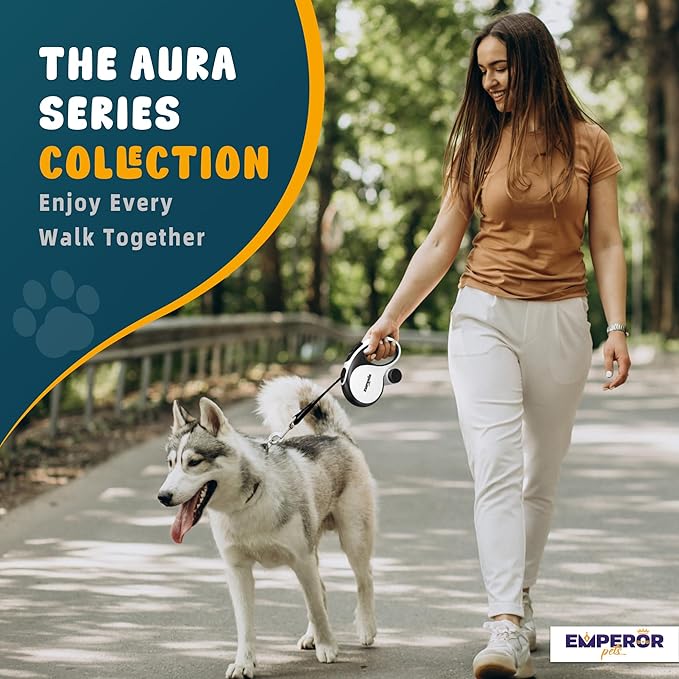 Emperor Pets 26 ft Retractable Dog Leash White - Heavy Duty Retractable Pet Leash with Anti-Slip Grip for Medium to Large Dogs up to 110 lbs -Aura BW26