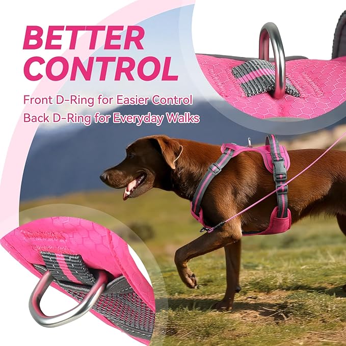 VIVAGLORY Dog Harness Easewalk No Pull Dog Harness with Handle Front Clip & Back Clip for Training Walking Lifting, No Pull Adjustable Easy On Padded Comfortable for Pet, M, Pink - Patterned