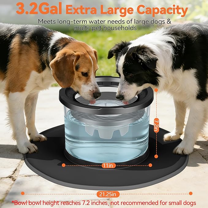 Decflow 12L No Spill Dog Water Bowl for Large Dogs, Stainless Steel Spill Proof Bowls with Suction Cup Anti-Skid Mat, Slow Feeder for Messy Drinkers, Heavy Duty Pet Bowls for Indoor/Outdoor Black
