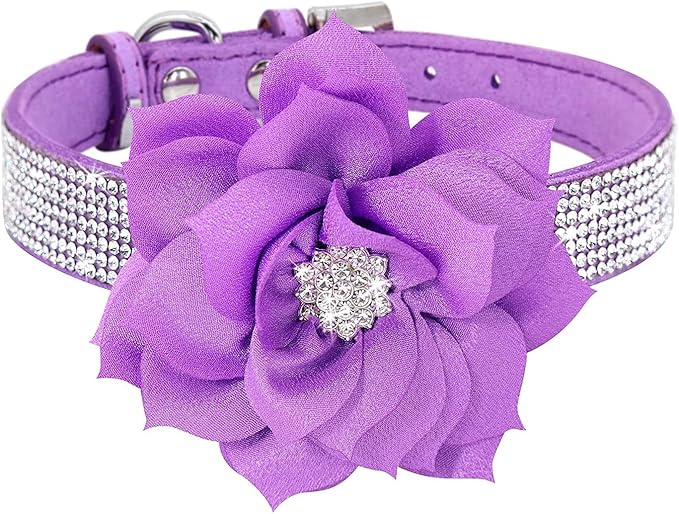 Cute Dazzling Sparkling Elegant Fancy Soft Suede Leather Bling Rhinestone Crystal Jeweled Pet Cat Dog Puppy Collar Dog Leash Combo Set (XS(Neck8-10), Purple-6)