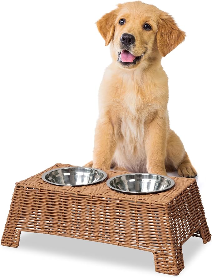 DBL4000B Serenity 6.9" Small/Medium Elevated Wicker Pet Feeder with 18oz (2.2 Cups) 2-Stainless Steel Bowls, Brown