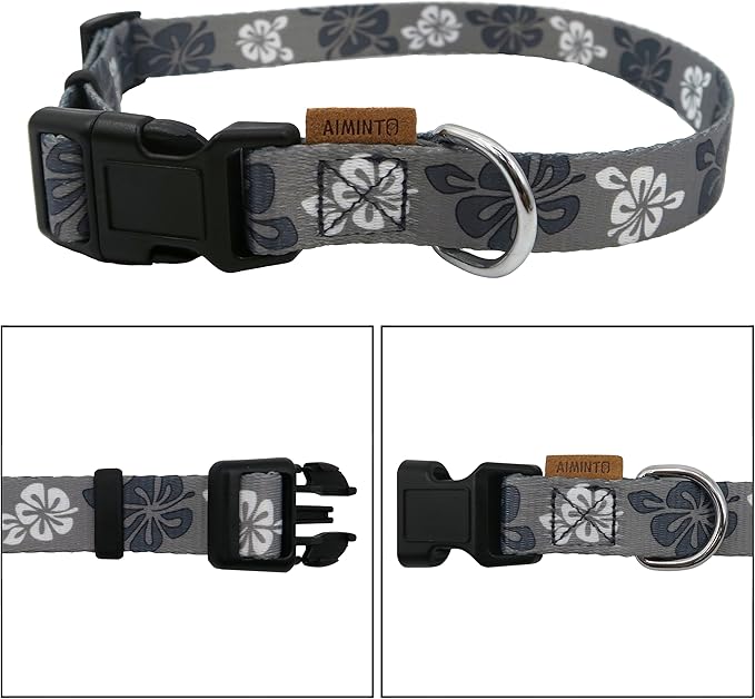Dog Collar, Cute Floral Pattern, Soft and Adjustable Collar with Quick Release Buckle (L (Neck 16-28", Width 1"), Hawaiian Grey)