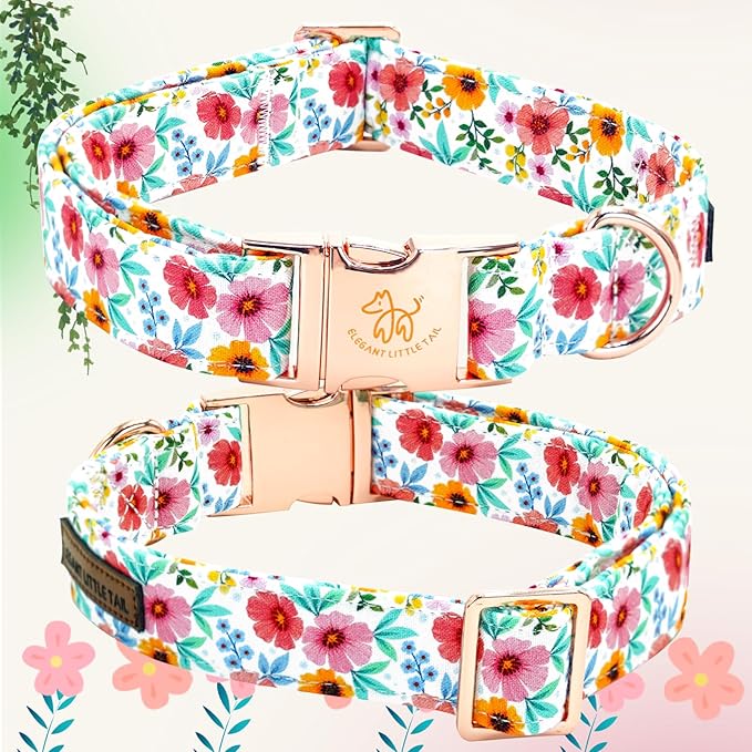 Elegant little tail Dog Collar- Cute Floral Dog Collar with Bow for Medium Dogs, Female Adjustable Cotton Summer Pet Bow Holiday Puppy Collar for Small Medium Large Dogs