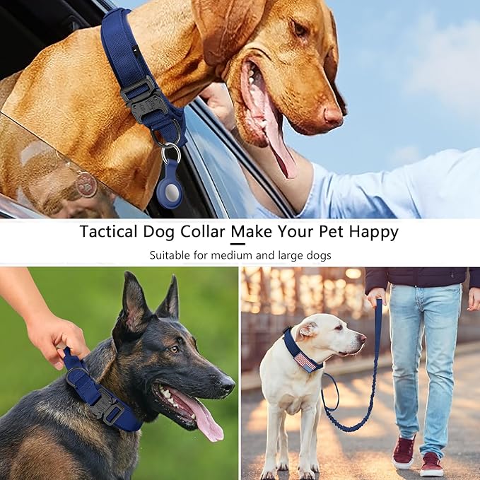 DAGANXI Tactical Dog Collar, Adjustable Military Training Nylon Dog Collar with Control Handle and Heavy Metal Buckle for Medium and Large Dogs, with Patches and Airtags Case (Midnight Blue-Set, M)