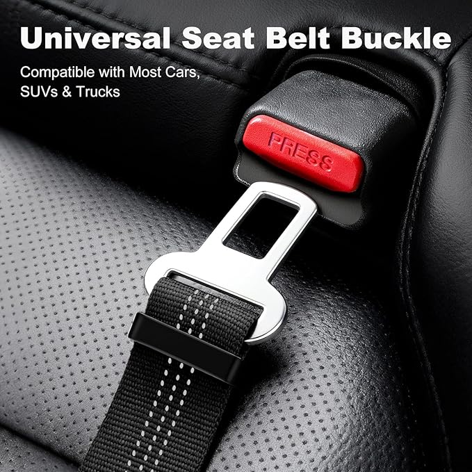 Dog Seat Belt for Car, Adjustable Dog Car Harness Seatbelt for Small Medium Large Dogs, Heavy Duty Travel Safety Restraint with Locking Aluminum Hook & Reflective Nylon Strap, Black