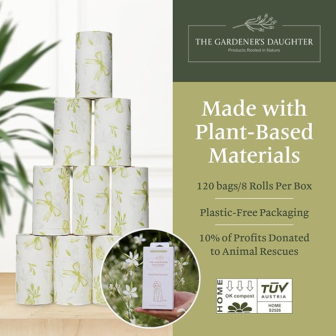 The Gardener’s Daughter Home Compostable Dog Poop Bags - 20 Micron Extra Thick (33% Thicker) - Lavender Scented, 120 Count - TÜV & OK Home Certified - Leak-Proof - Elegant White with Green Ribbon