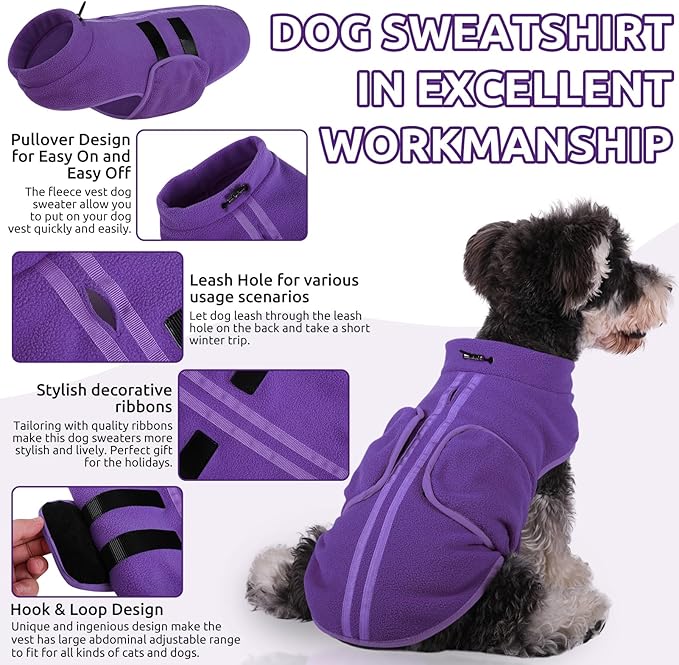 Queenmore XXL Dog Sweater, Soft Fleece Vest Pullover Jacket with Leash Hole, Warm Winter Dog Clothes Cold Weather Dachshund Sweaters for Large Dogs Cats Boy or Girl (Lavender, XXL)