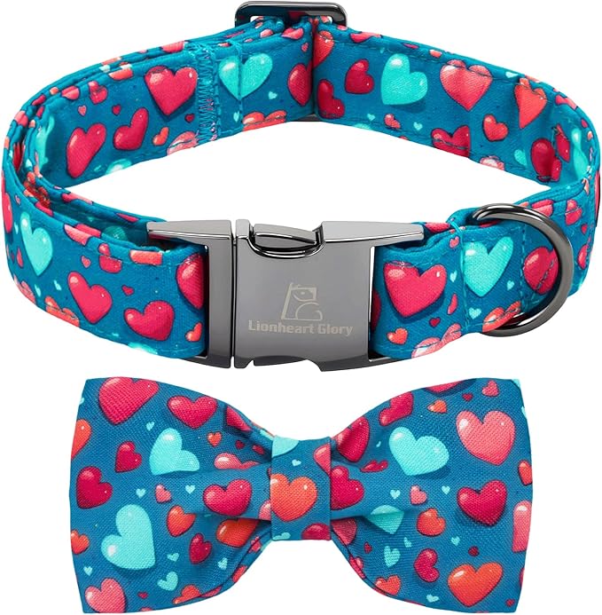 Lionheart glory Dog Bow Collar - Valentine's Day Dog Collar with Bowtie Soft Adjustable Blue Hearts Collars for Small Dogs Puppy Spring Holiday Cute Collars