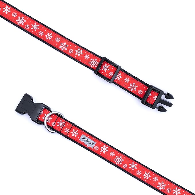 THE WORTHY DOG Adjustable Holiday Dog Collar for Large Dogs, Durable Nylon Webbing, Quick Release Buckle, Let It Snow Christmas Pattern, Red, X-Large
